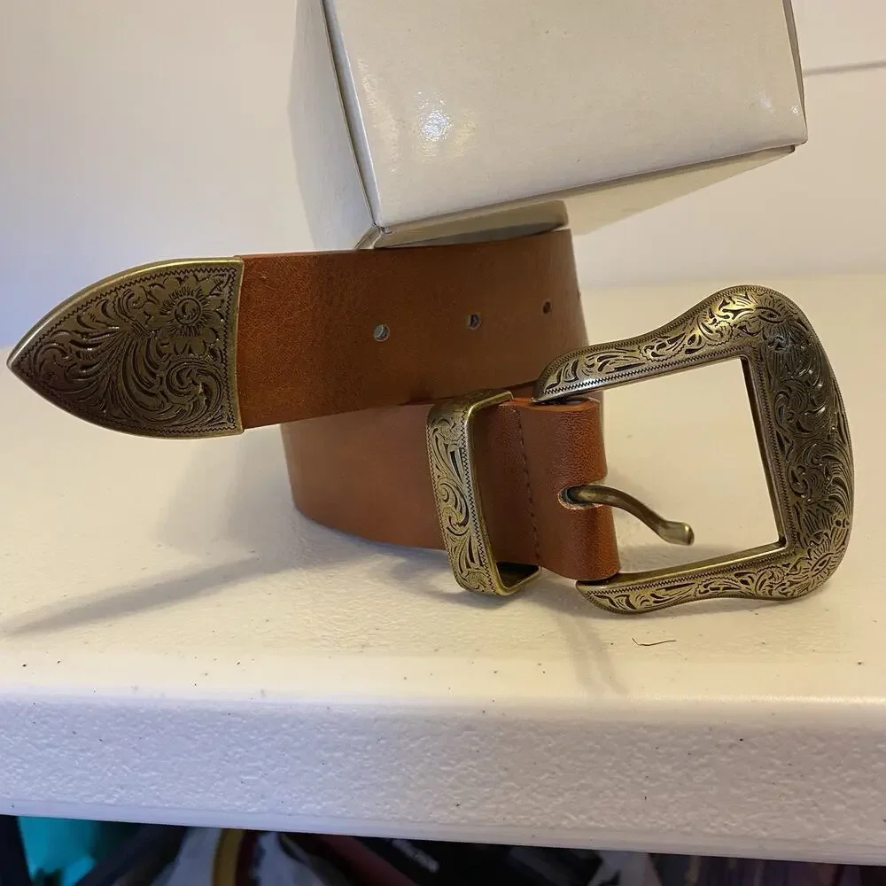 Faux Leather Belt 49”Brown Gold Tone Engraved Buckle Y2K Steampunk